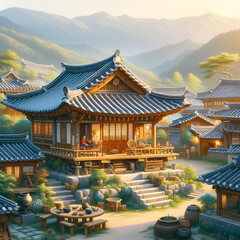The traditional Korean house, the tile-roofed house, the village surrounding the tile-roofed house, the old-fashioned spirit. Generative AI - obrazy, fototapety, plakaty