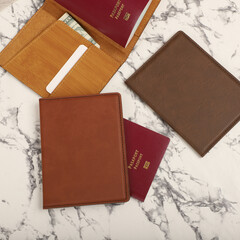 Leather passport wallet in different colors. Concept shot, top view. Custom background, Vacation...