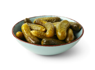 Bowl with delicious fermented cucumbers on white background