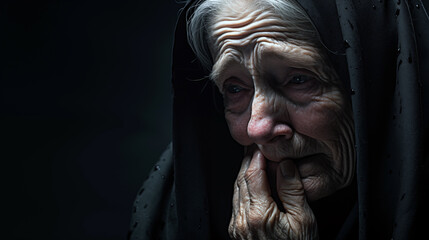 Old widow in black hood mourning in darkness