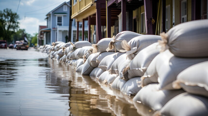 lose shot of flood Protection Sandbags with flooded homes in the background