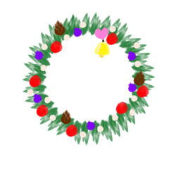 christmas wreath isolated with yellow bell and pink heart