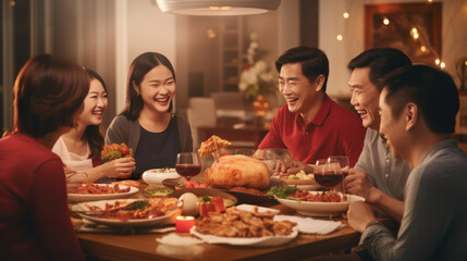 Group of friends enjoying festive dinner with chicken and wine. Celebration and friendship.