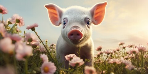 a cute baby pig that is in a field of flowers, generative AI - obrazy, fototapety, plakaty