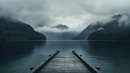 Misty Lake Pier Leading into the Mountains. Generative ai