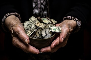 An elderly man holds out money, pennies. Senior man