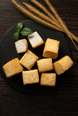 Fired TOFU on the wood table Asian Chinese Japanese theme
