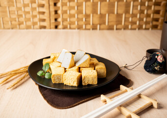 Fired TOFU on the wood table Asian Chinese Japanese theme