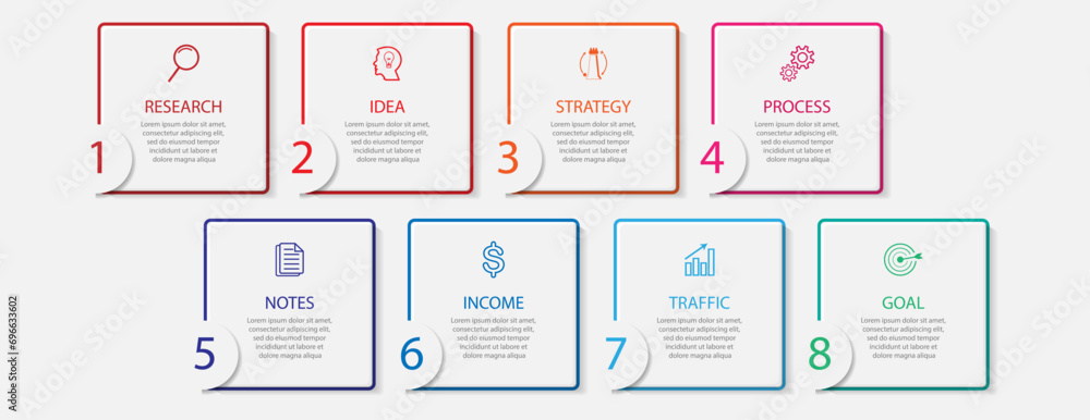 Poster simple infographic design with 8 parts or steps, interconnected square shapes with thin colored line