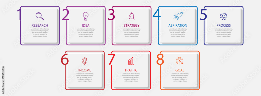 Aufkleber simple infographic design with 8 parts or steps, interconnected square shapes with thin colored line