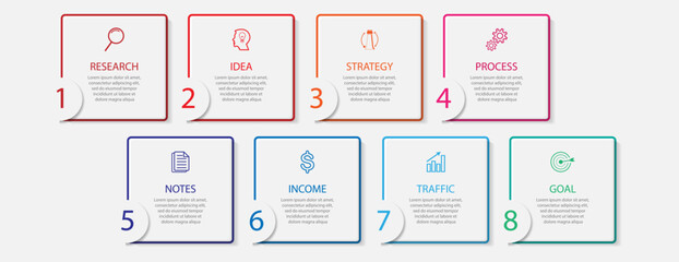 simple infographic design with 8 parts or steps, interconnected square shapes with thin colored lines, for flow diagrams, banners or your business presentation