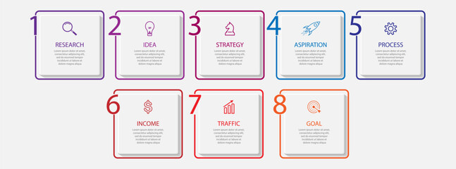 simple infographic design with 8 parts or steps, interconnected square shapes with thin colored lines, for flow diagrams, banners or your business presentation