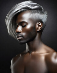 African man in silver short hair on dark background