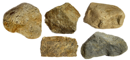 A collection of pebble rock, Cobblestone and rock stone isolated on a transparent background.
