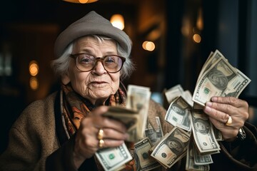 An elderly man holds out money, pennies. Senior man - obrazy, fototapety, plakaty