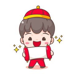 Cute boy celebrate Chinese new year cartoon illustration. Hand drawn chibi character. Holiday concept design. Isolated white background