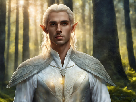 Portrait of a white-haired elf man in the forest - Generative AI	