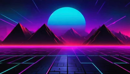 Tuinposter Violet Synthwave retro cyberpunk style landscape background banner or wallpaper. 