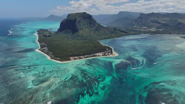 Epic View Of Mauritius Island And Underwater Waterfall, Aerial View