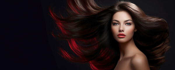 Beautifil young woman with healthy long brunette hair. Glossy wavy beautiful hair. Hair salon banner