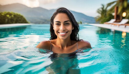 Luxury swimming pool spa resort travel honeymoon destination woman relaxing in infinity pool at hotel nature background summer holiday.	
