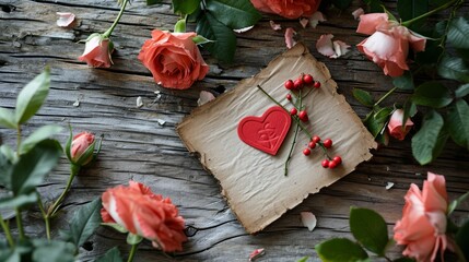 close up of love letter with red roseson a wooden desk. for valentines day holiday. romantic love wallpaper background for web design or print. bokeh lights. Generative AI