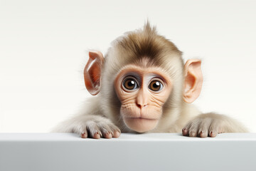 Macaco branco e fofo se segurando em uma bancada branca isolado no fundo branco - Papel de parede 