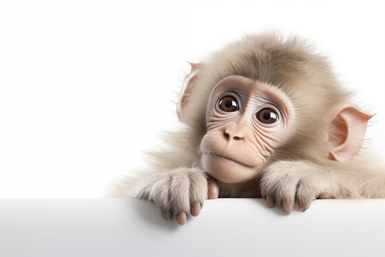 Macaco branco e fofo se segurando em uma bancada branca isolado no fundo branco - Papel de parede 