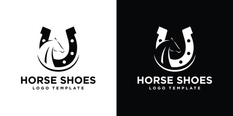 Simple Horse Shoes Logo. Negative Space Horse in Horseshoe Logo Design Template. - obrazy, fototapety, plakaty