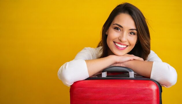 Smiling modern woman with red suitcase on yellow background. Travel concept 