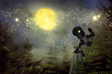 Astronomy. Viewing beautiful starry sky with full moon through telescope at night