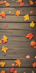 Fallen leaves on wooden table in autumn, fresh background