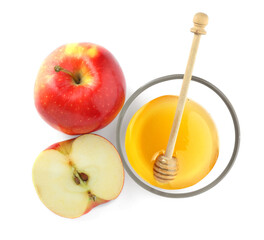 Delicious apples, bowl of honey and dipper isolated on white, top view