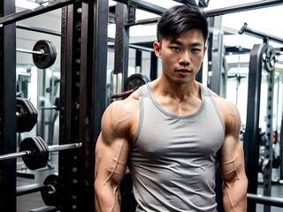 Fototapeta na wymiar Hot Muscular Asian Guy in Grey Tank Top in The Gym Portrait Illustration