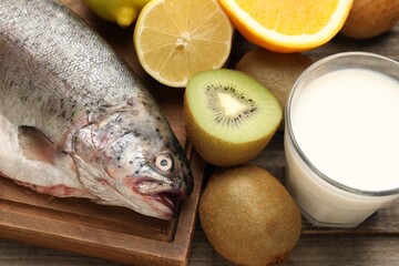 Allergenic food. Different fresh products on wooden table, closeup