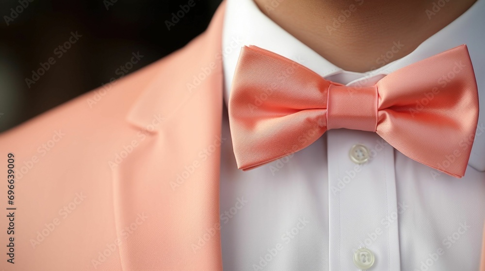 Poster closeup of a peach fuzz bowtie, adding a dapper touch to a classic suit.