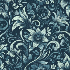 Fototapeta na wymiar Free vector seamless floral pattern on uniform background. ornament darkcyan, design fabric art, fashion contour