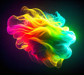 3D abstract yellow red smoke. Green neon lines over black background.