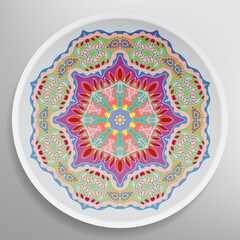 Decorative plate with round ornament in ethnic style. Mandala circular abstract geometric floral pattern. Fashion background with ornate dish. Interior home decor, vector illustration