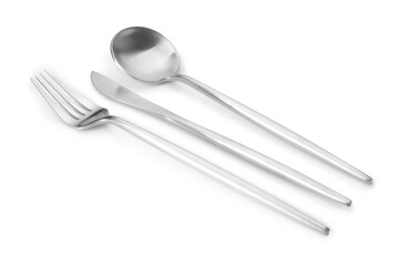 Shiny silver fork, knife and spoon isolated on white. Luxury cutlery set