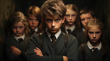 Unhappy kid, bullying in school concept. - obrazy, fototapety, plakaty