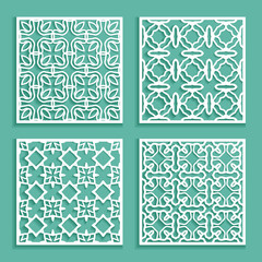 Templates for laser cutting, plotter cutting, printing. Square line patterns set. Geometric design cut out of paper. Mandala Islamic die cut ornament. Fretwork panels, cutout silhouette stencils