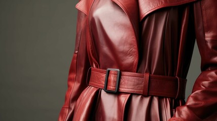 Closeup of a statement leather trench coat in rich burgundy, elevated with Peach Fuzz accents along the hem and belted waist.