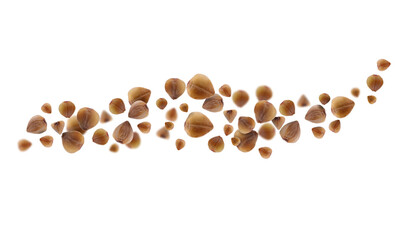 Buckwheat flying on white background. Grains in air