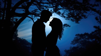 A couples silhouettes embracing under a moonlit sky, their shadows blending together as a representation of the unbreakable bond that love creates.