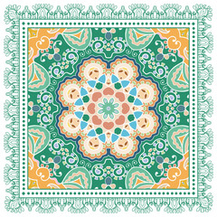 Decorative doodle ornament, symmetric pattern with lace frame. Tribal ethnic mandala decor. Bandana shawl, hijab, tablecloth fabric print, silk neck scarf, kerchief design. Colorful vector background
