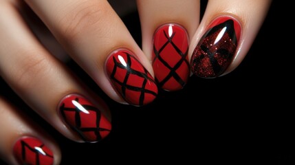 A detailed shot of a red and black nail design, featuring handpainted lips and kisses for a bold and flirty look.