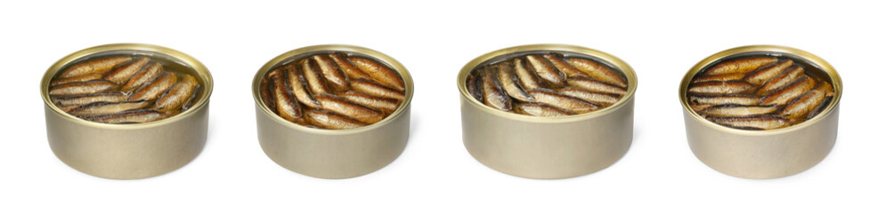 Tasty sprats in tin can isolated on white, set
