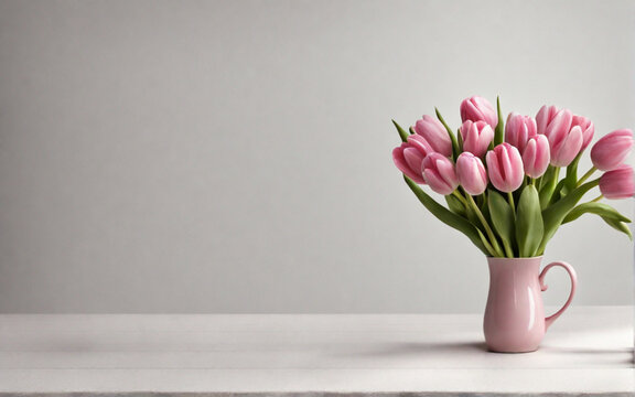 Beautiful pink tulips in a vase. Space for text. Generative AI
