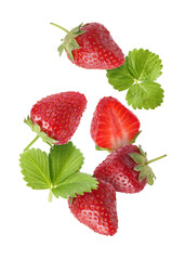 Fresh ripe strawberries and green leaves falling on white background